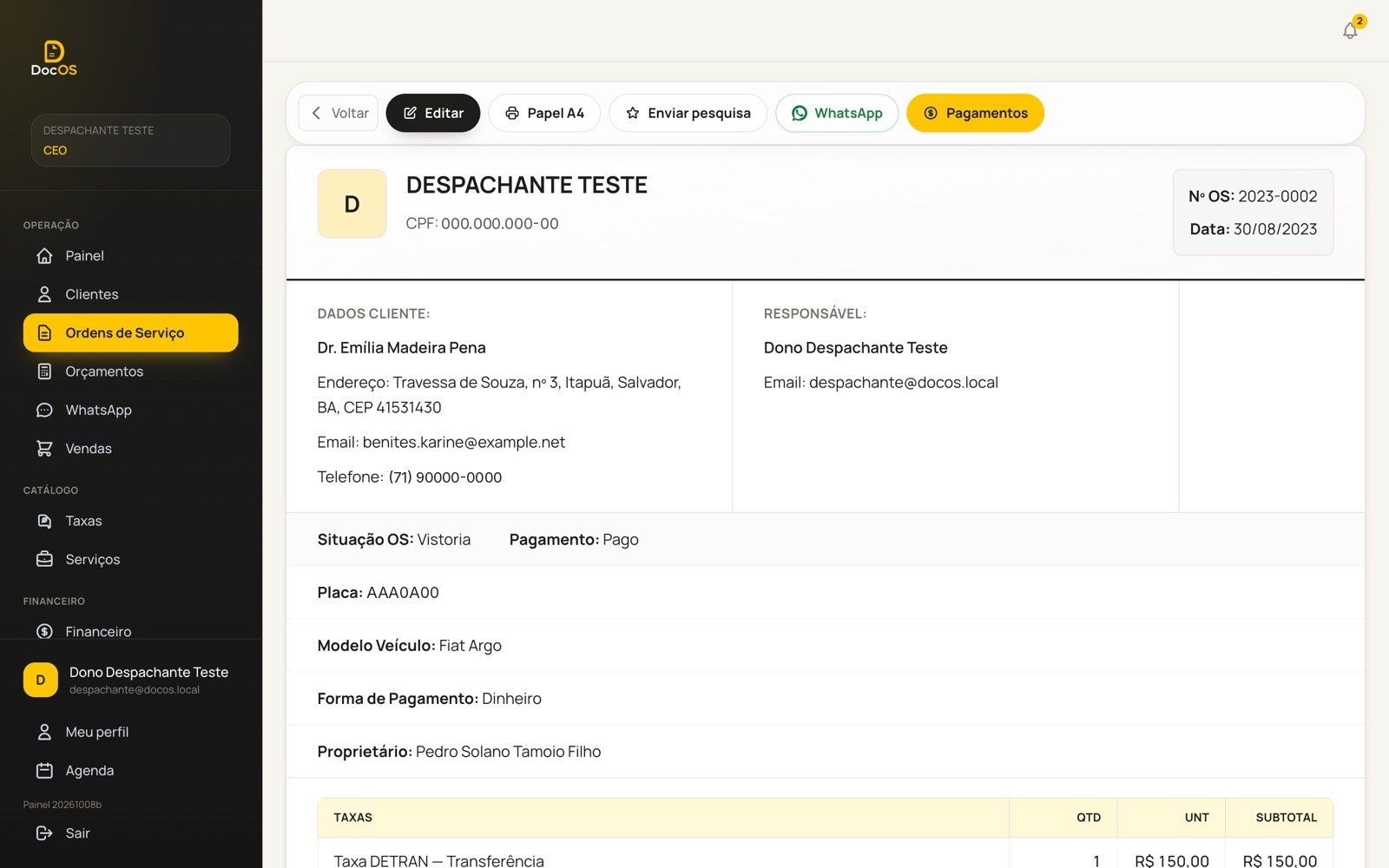 Tela real do DocOS: Ordem de serviço